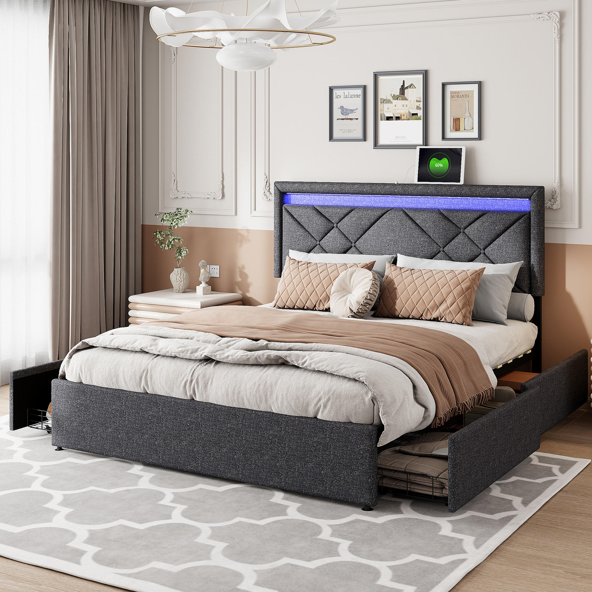 POLSTERBETT 160x200 cm, Grau, mit USB & Type-C, LED-Beleuchtung - Grau, Textil/Metall (160/200cm)