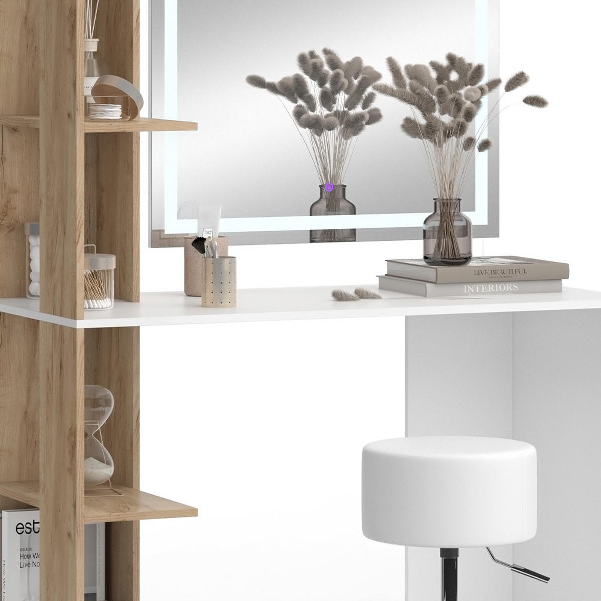 SCHMINKTISCH Tower Weiß/Sonoma 122.2 cm mit LED-Spiegel und Hocker - Weiß/Sonoma Eiche, Holzwerkstoff (122.2/75.8/55.2cm) - Vicco