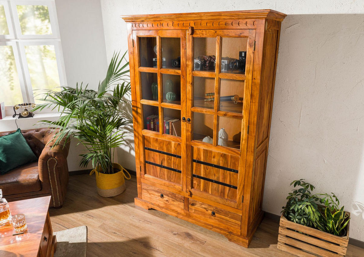 VITRINE Akazie 134x50x196 honig lackiert OXFORD #0456 - Braun, Holz (134/196/50cm) - Massivmoebel24