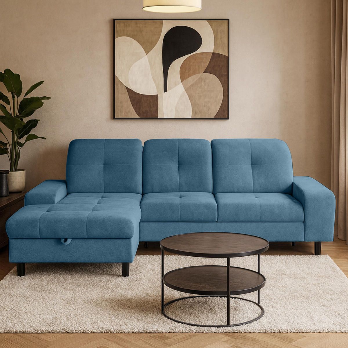ECKSCHLAFSOFA Leon L Blau - Blau/Schwarz, Kunststoff/Textil (255/120cm) - Beautysofa