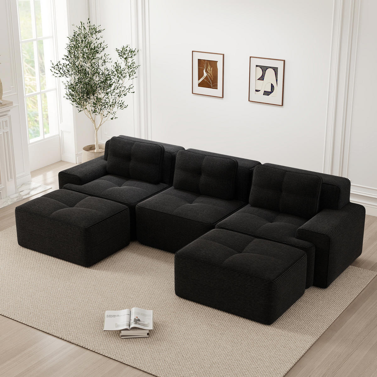 3-SITZER Sofa montagefrei mit Tiefsitz, Cordbezug und rutschfester Basis, Schwarz - Schwarz, Textil (293/69/177cm) - Redom