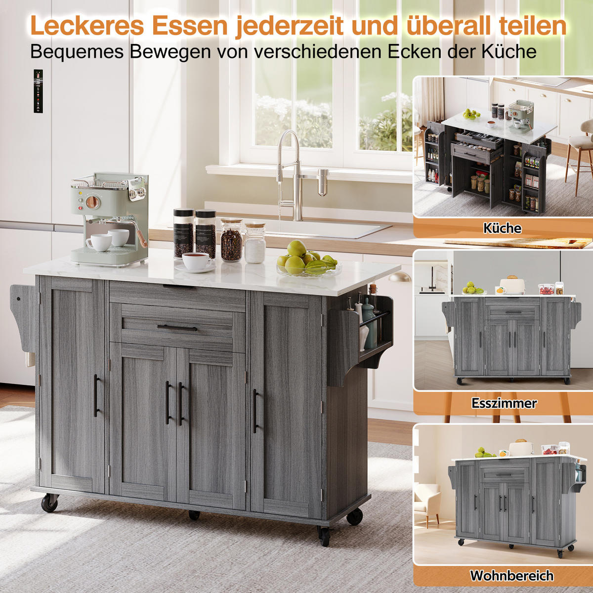 KÜCHENINSEL 136/70/92 cm aus MDF mit ausziehbarer Arbeitsplatte und verdeckter Besteckschublade Grau - Grau, Holzwerkstoff (136/92/70cm) - Modenvie