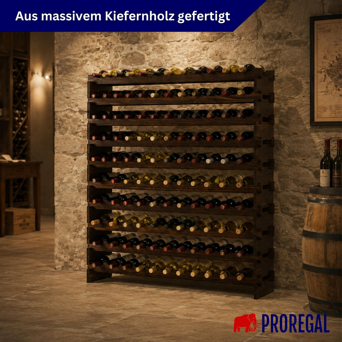 WEINREGAL NAVARRA aus Holz 135x123x28cm 120 Flaschen auf 10 Ebenen Braun geölt - Braun, Holz (123/135/28cm) - PROREGAL