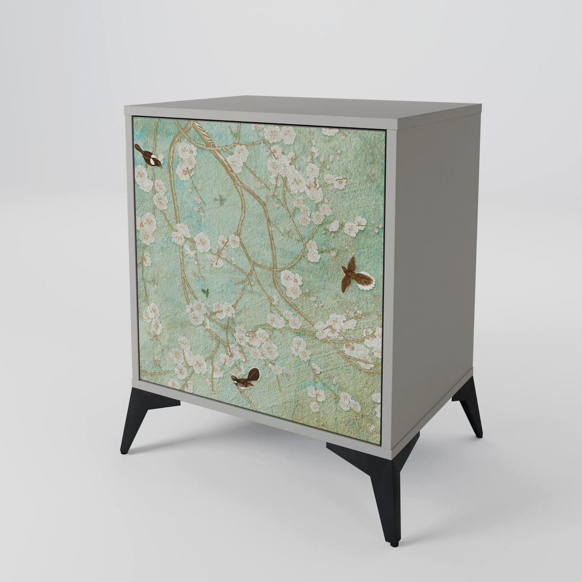 SIDEBOARD BLOOMING CHARM, Grau, 57,5x42x72,5 cm, Schwarze Metallfüße - Multicolor/Schwarz, Holzwerkstoff/Metall (57.5/72.5/42cm) - SpaceRebels