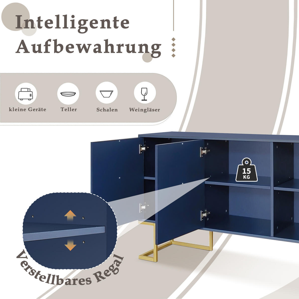 SIDEBOARD Blau 138/40/80,5CM - Blau, Holzwerkstoff/Metall (40/80.5/138cm) - Urban Meuble