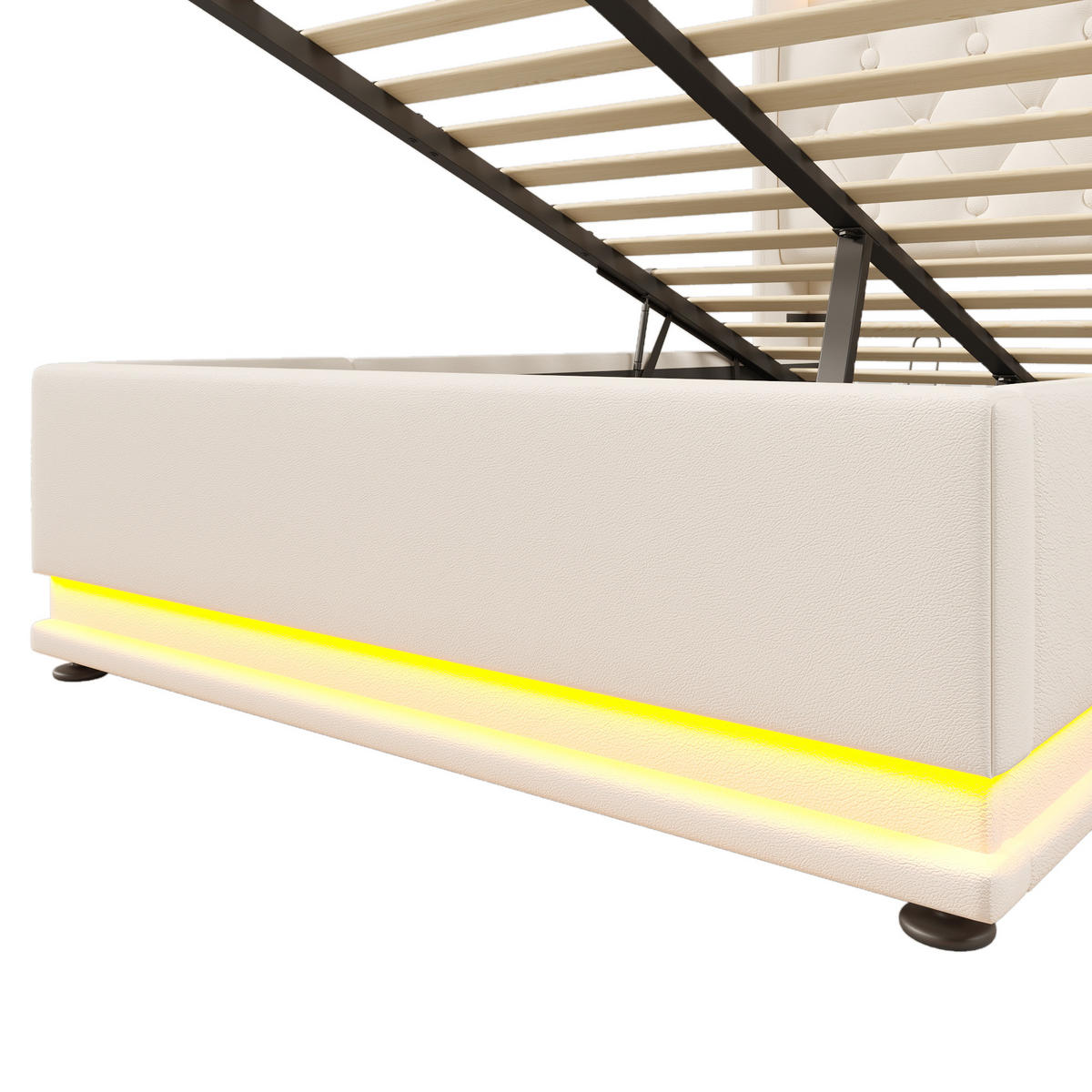 STAURAUMBETT 90/200 cm DE-00999, in PU Weiß, 360°-LED, Hydraulik und Matratze - Weiß, Metall (90/200cm) - ComfortXL