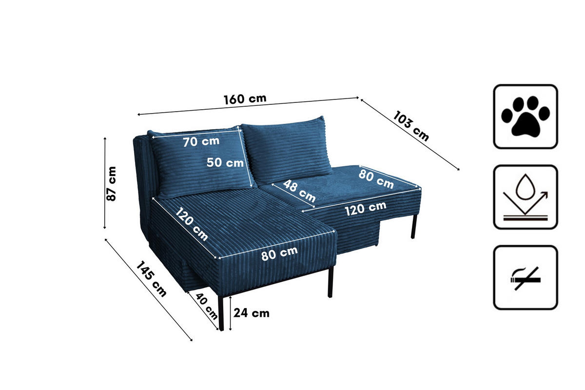 SOFA Mit Schlaffunktion MOOKA 4in1-Multifunktions-System Stoff Velo Dunkelblau - Dunkelblau, Holz/Textil (240/87/103cm) - Kaiser Möbel
