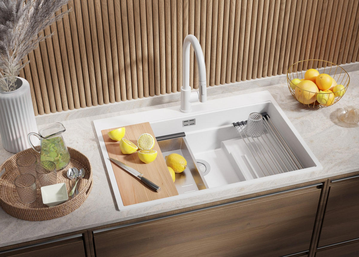 SPÜLBECKEN Oslo Max, 2-er set Weiß 78/53 cm 1 Becken + Ablauf-Set + Küchenzubehörset ab 80er Unterschrank - Chromfarben/Beige, Kunststoff (78/20/53cm) - Primagran