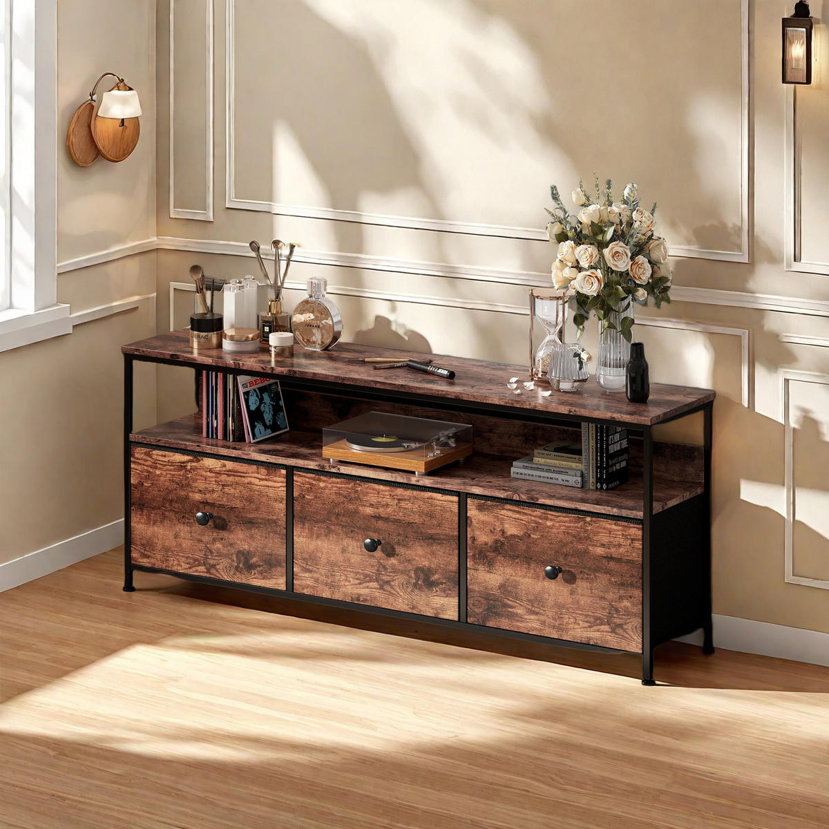 LOWBOARD, TV Schrank mit LED 137x30x57 cm, mit 3 Stoffschubladen und offenen Fächern - Eiche Artisan, Holz (29.8/57/137cm) - WoodenAura