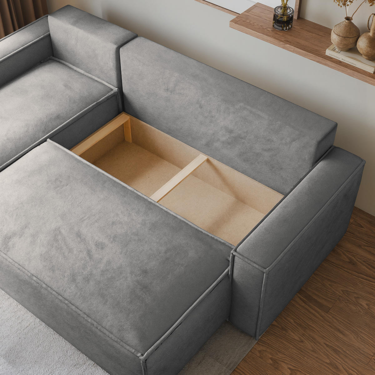 ECKSOFA RAVELO M Hellgrau Velours-Stoff mit Schlaffunktion - Hellgrau, Holz (240/140cm) - MASSENO