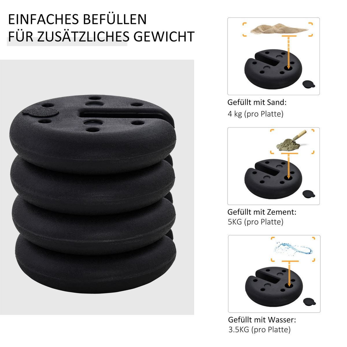 STANDFUSS Gewicht Partyzelt Pavillongewicht befüllbar bis 5 kg HDPE-Kunststoff Schwarz Ø25 x 6 cm - Schwarz, Kunststoff (25/25cm) - Outsunny