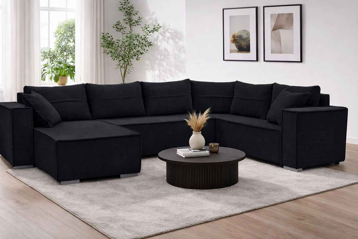 WOHNLANDSCHAFT STYLO U-Form mit Schlaffunktion Bettkasten Cordstoff Poso Schwarz - Schwarz, Kunststoff (315/90/215cm) - Wohnideebilder