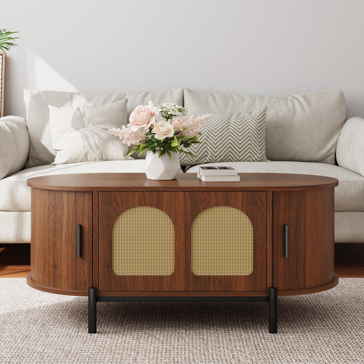 COUCHTISCH Oval Rattan Schiebetüren Metallbeine modern - Walnussfarben, Holzwerkstoff (100/50/40cm) - FLIEKS
