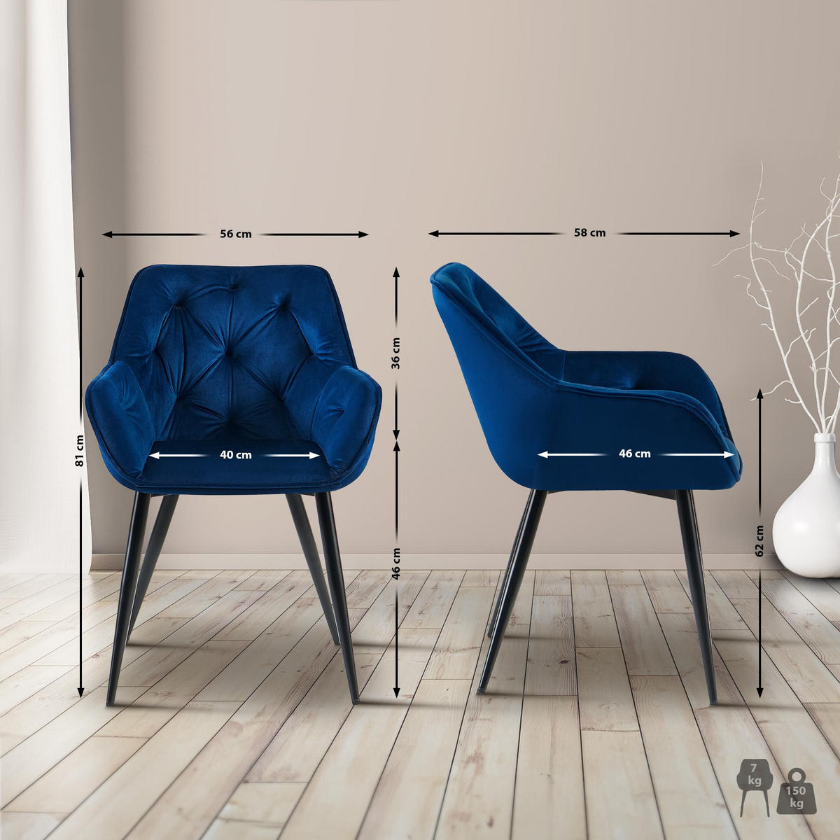 ARMLEHNENSTUHL 2er Set Samt Blau - Blau, Textil/Metall (56/81/58cm) - CLP