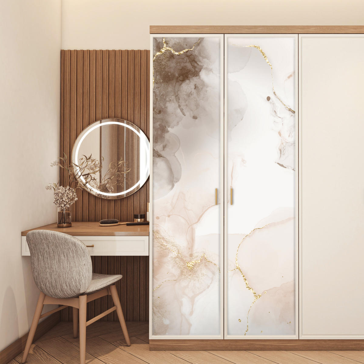 TÜRAUFKLEBER Selbstklebend - Marmor - Braun - Linie 95x215 cm - Türtapete - Champagner, Kunststoff (95/0.1cm) - MuchoWow