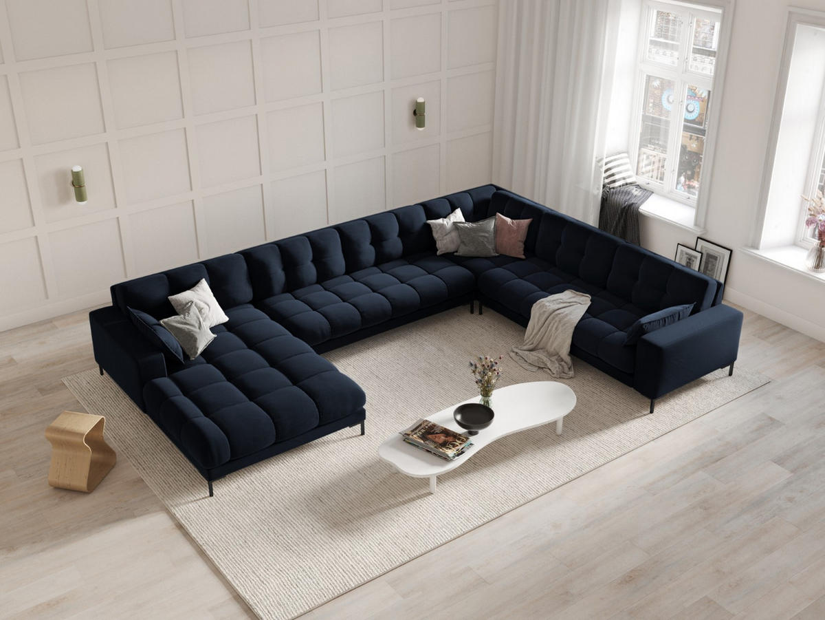 PANORAMASOFA rechts Mamaia aus Samt dunkelblau 7 Sitzplätze - Blau, Textil (256/75/327cm) - Micadoni