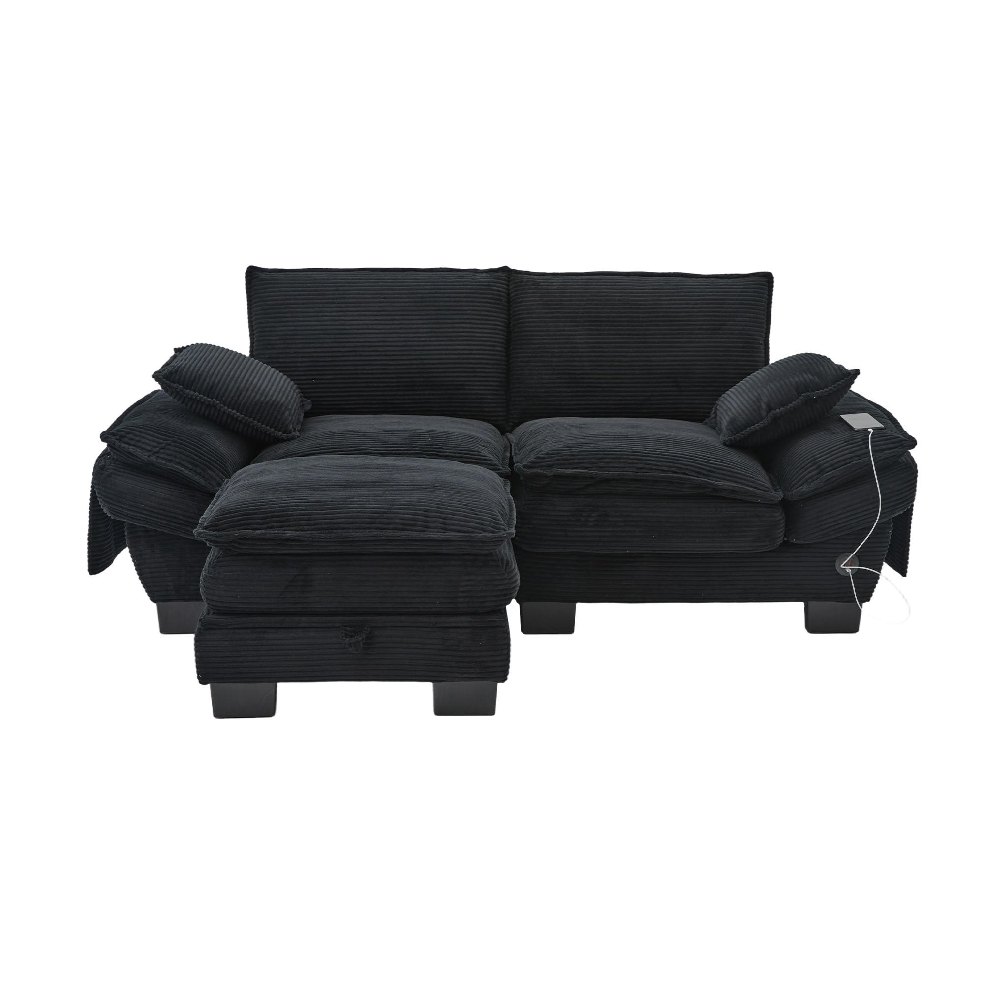 2-SITZER SOFA Cord Schwarz mit Hocker, USB-C und Seitentaschen - Schwarz, Holzwerkstoff/Kunststoff (190/132cm) - WISHDOR