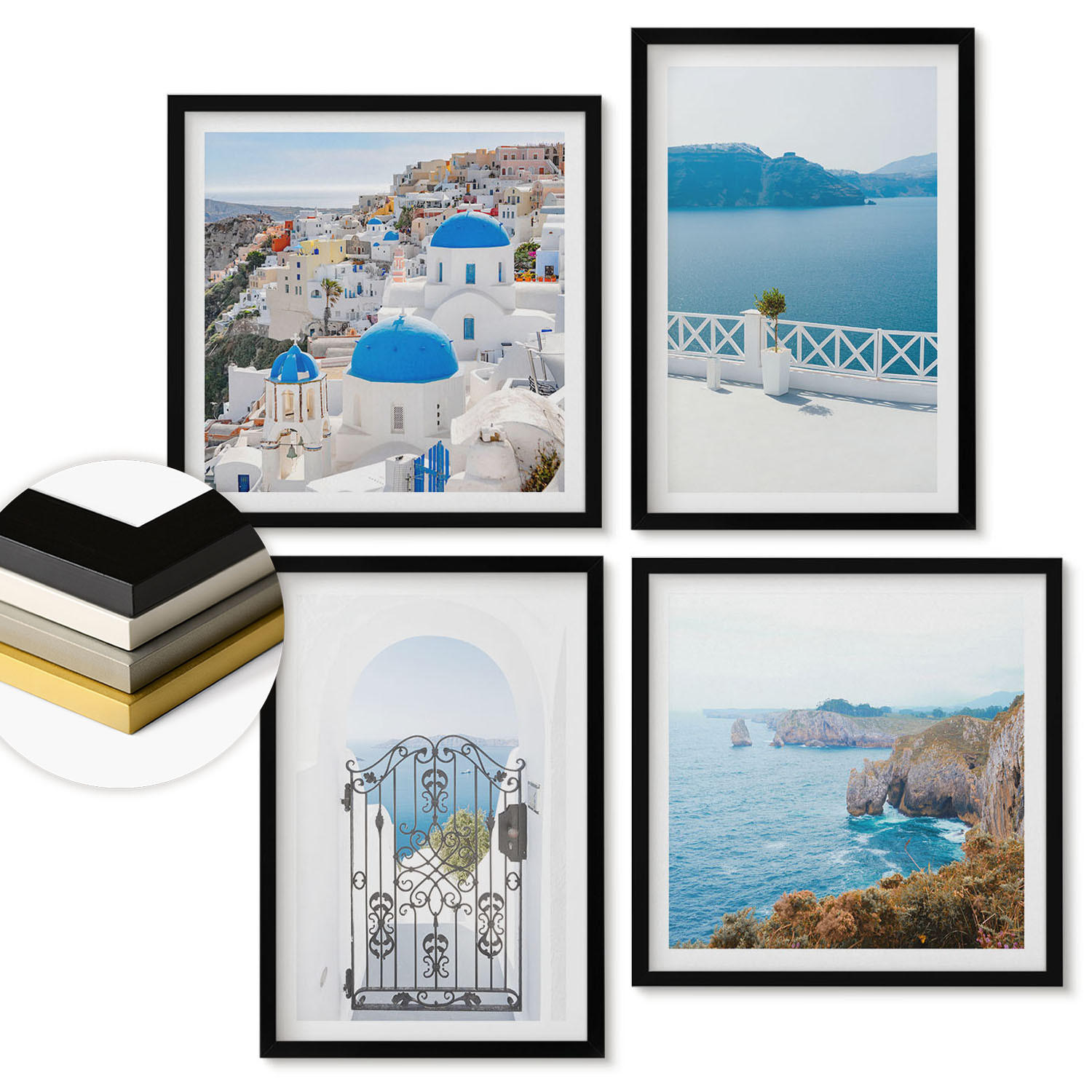 WANDBILDER 4er-Set - 50x50 cm & 40x60 cm Schwarzer Rahmen - Meeresarchitektur Griechenlands - Schwarz, Kunststoff (50/50cm) - ArtPrintCave