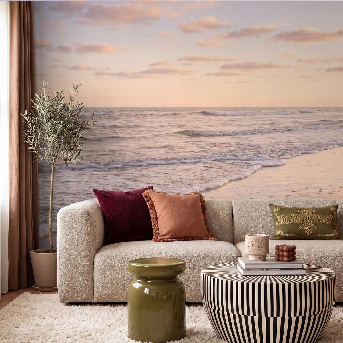 TAPETE - Strand - Brandung - Wolken - 260x220 cm - Hellrosa, Papier (260/220cm) - OnlyWow