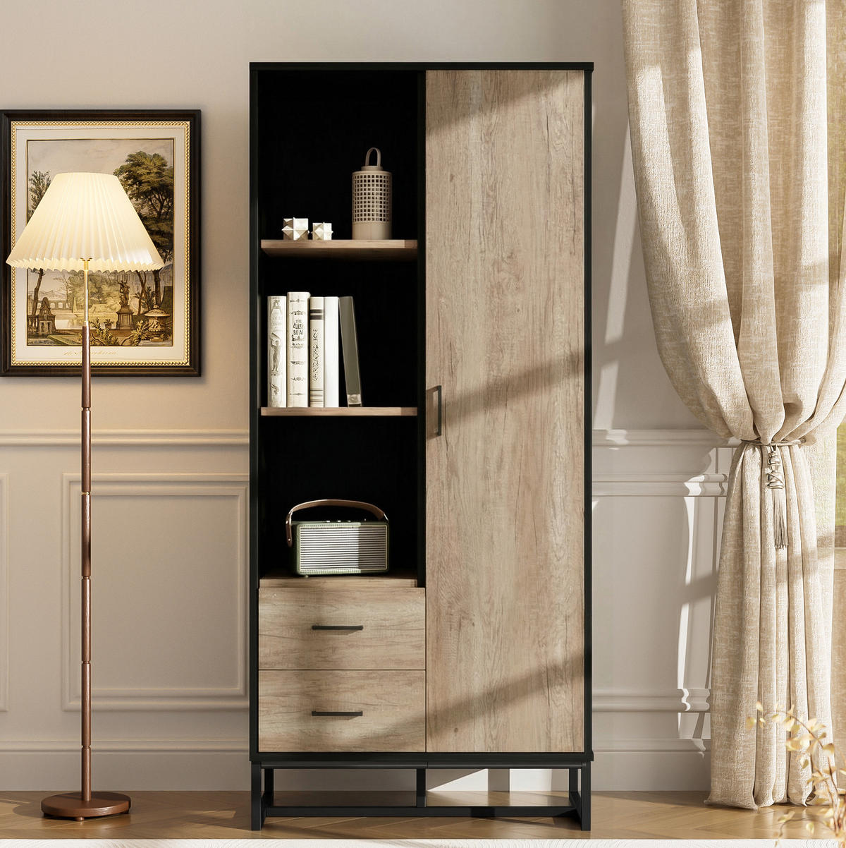 HIGHBOARD 80/40/180 cm mit 1 Tür, 2 Schubladen und 3 offenen Fächern, MDF in Holzfarbe/Schwarz - Schwarz, Holzwerkstoff (80/180/40cm) - Redom