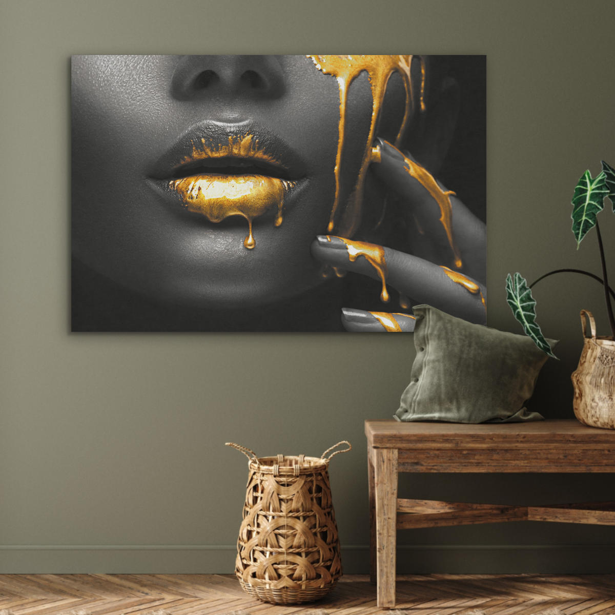 AKUSTIKPANEEL Frau - Schwarz - Gold - Gesicht - Lippen 100x70 cm - Goldfarben, Textil (100/0.9/70cm) - MuchoWow