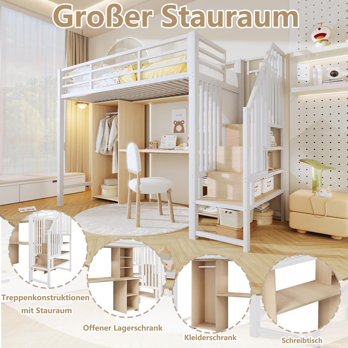 HOCHBETT 90/200 cm in Weiß mit Kleiderschrank, Schreibtisch und Stauraum - Weiß, Holzwerkstoff/Metall (90/200cm) - STILVORA