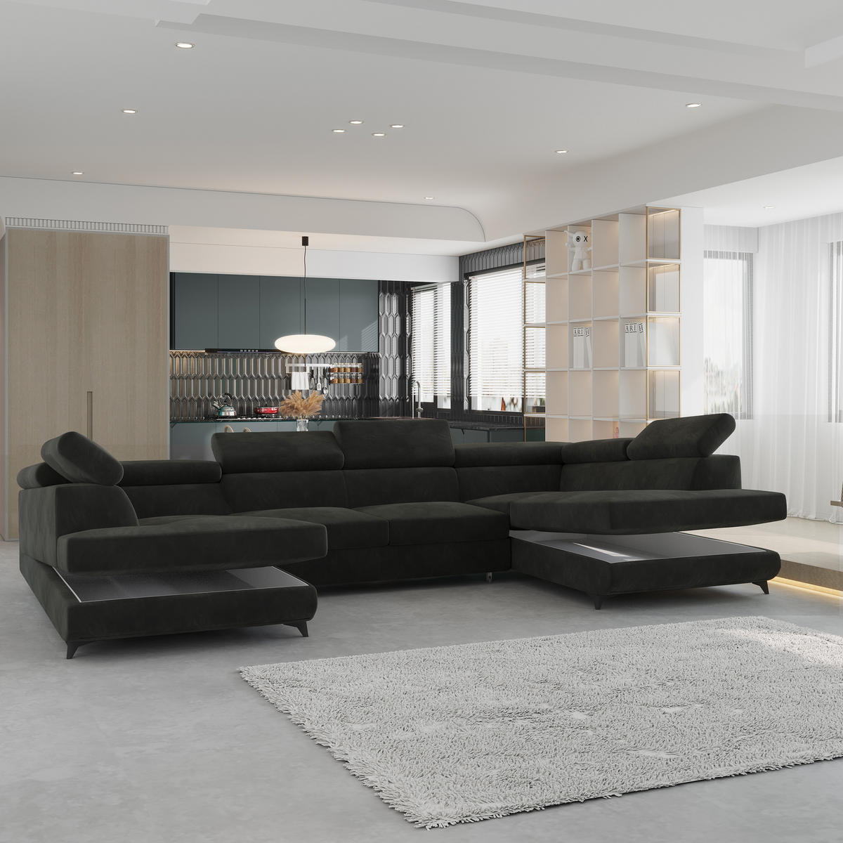 WOHNLANDSCHAFT VINTESSA Schwarz Velours-Stoff mit Schlaffunktion - Schwarz, Holz (323/89/190cm) - MASSENO