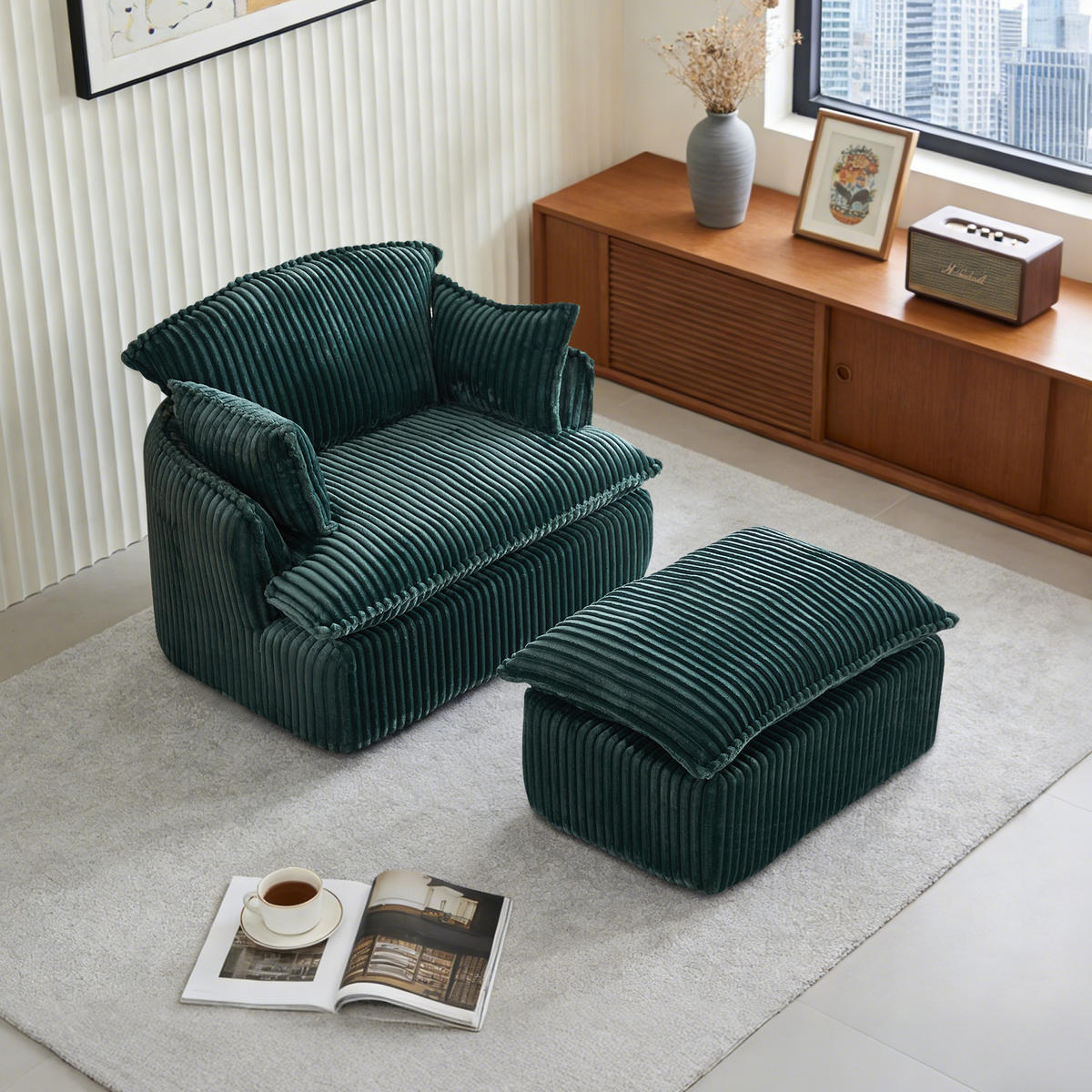 SESSEL DE-35257 mit Hocker Grün - Grün, Textil (89/77/115cm) - ComfortXL