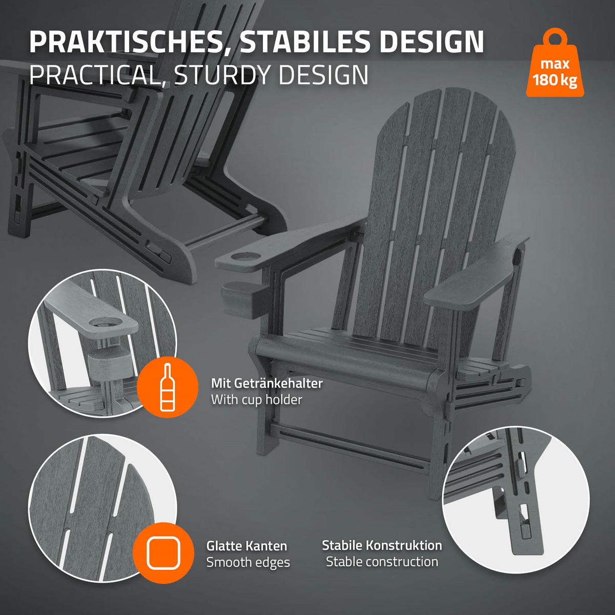 ADIRONDACK LEŽÁK s držákem na nápoje, šedý, z plastu - šedá, plast (54.5/91/76cm) - ML-DESIGN