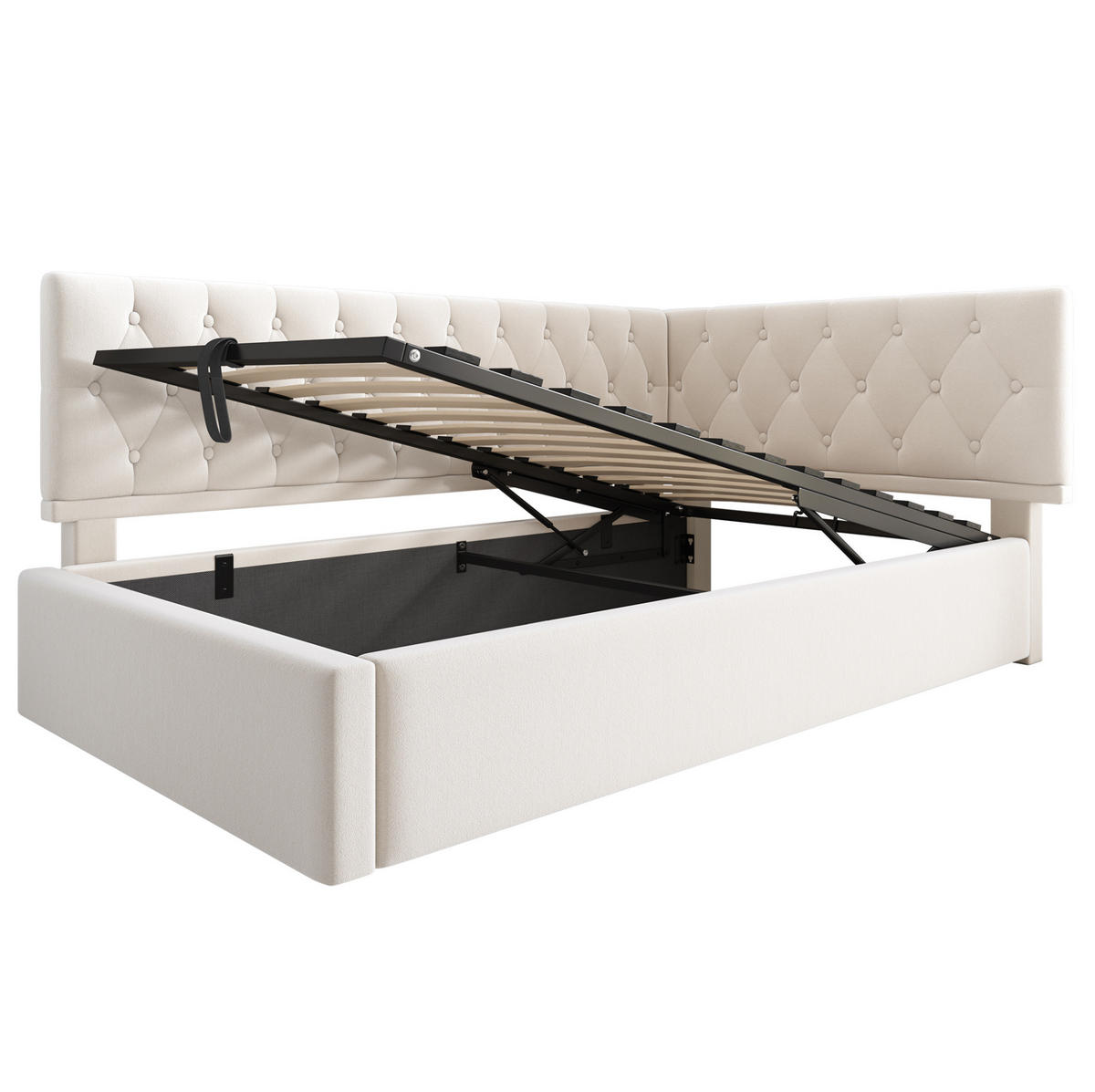 POLSTERBETT 90/200 cm mit hydraulischem Stauraum, flexibel montierbarem Kopfteil und Lattenrost, Beige - Beige, Textil (90/200cm) - Redom