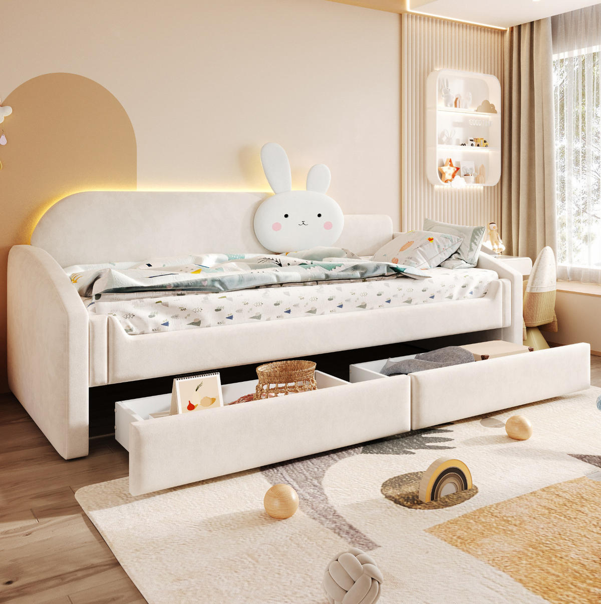 KINDERBETT mit 2 Schubladen und LED 90x200 cm Samt Beige - Beige, Holzwerkstoff (90/200cm) - Beauniv
