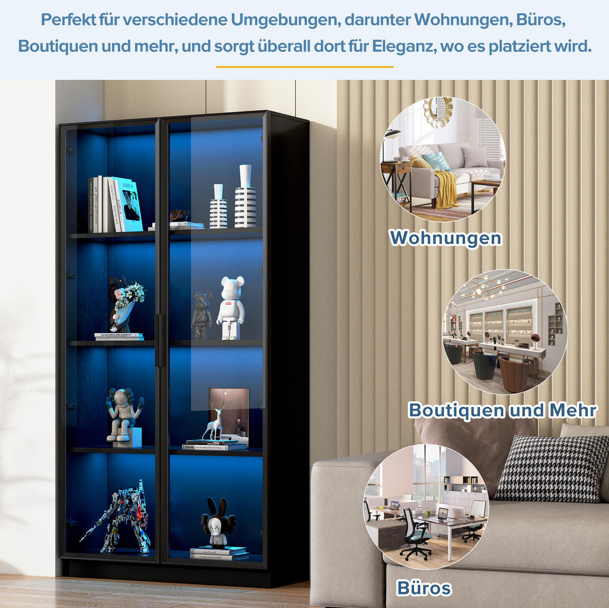 VITRINE 80/40/160 cm Schwarz aus Spanplatte mit LED-Beleuchtung - Schwarz, Holzwerkstoff (40/160/80cm) - OKMYHOME