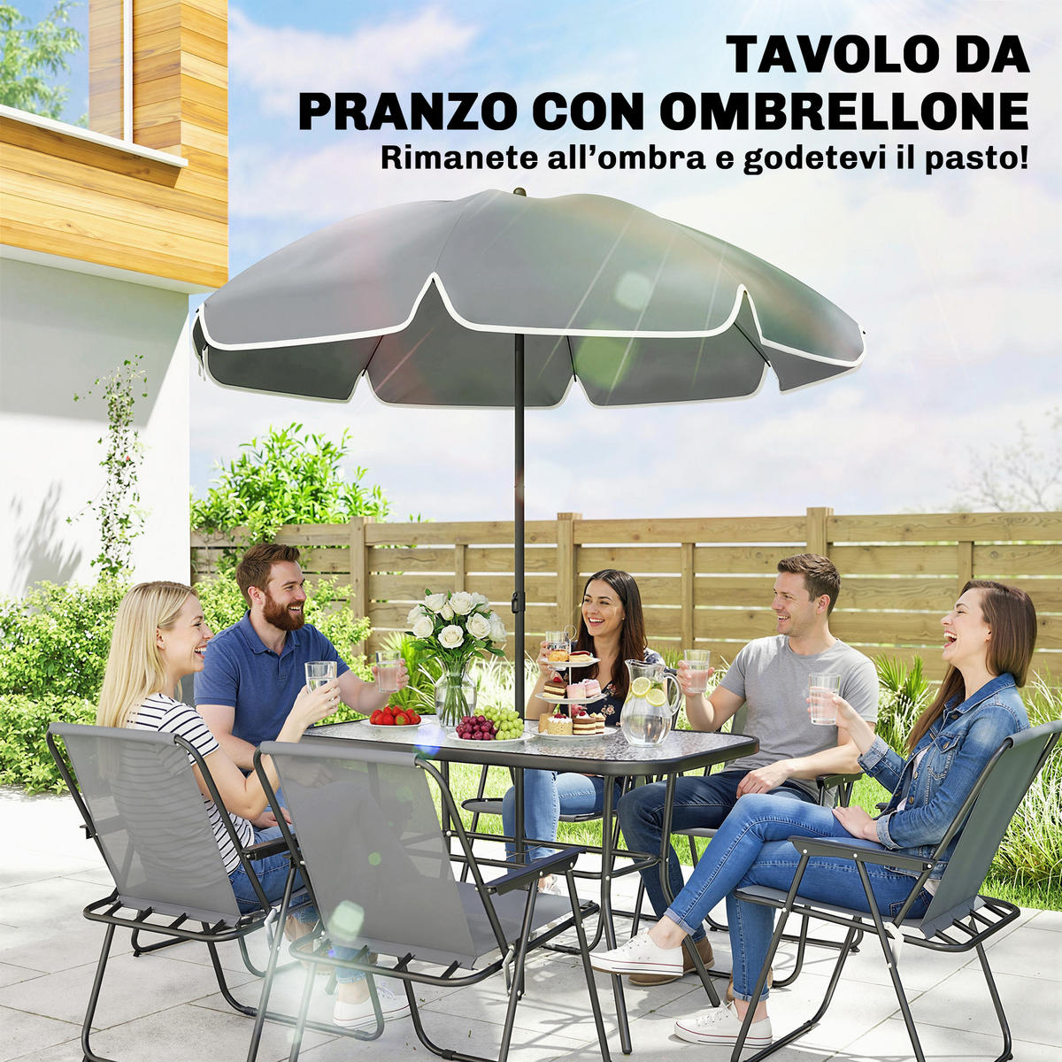 GARTEN-SET 8-teilig,Sonnenschirm+6 Klappstühle+Glastisch,grau - Grau, Metall - Vallsero