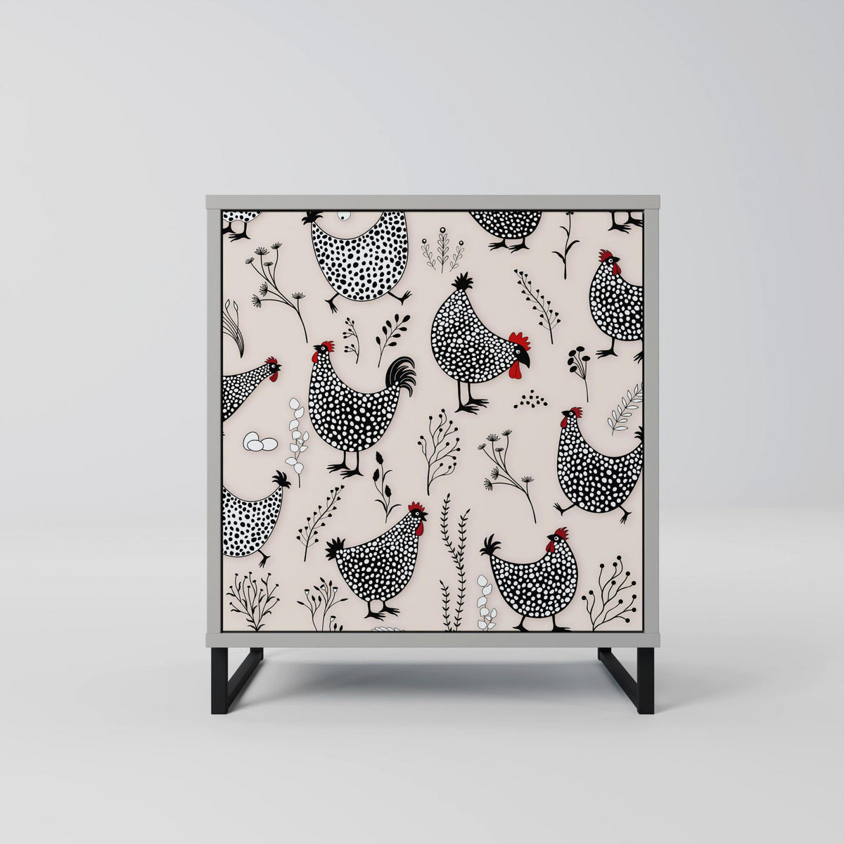 SIDEBOARD HAPPY HENS, Grau, 57,5x42x67,5 cm, Schwarze Metall-Rahmenfüße - Multicolor/Schwarz, Holzwerkstoff/Metall (57.5/67.5/42cm) - SpaceRebels