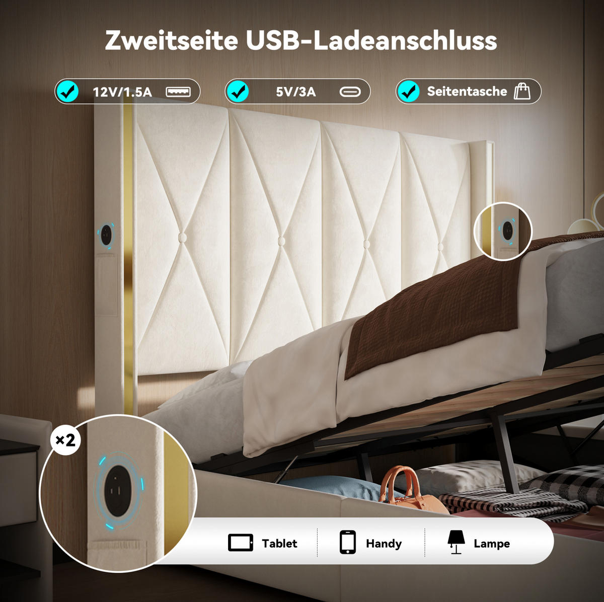 POLSTERBETT 160/200 cm in Beige mit Stauraum und LED-Beleuchtung - Beige, Textil (160/200cm) - Flora Grace