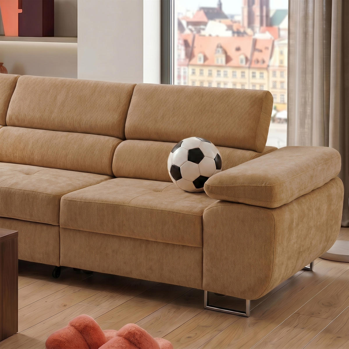 ECKSOFA WILD MAXI L Links mit Schlaffunktion 125x195 Chenille Braun - Chromfarben/Braun, Holz/Textil (350/203cm) - Muffo