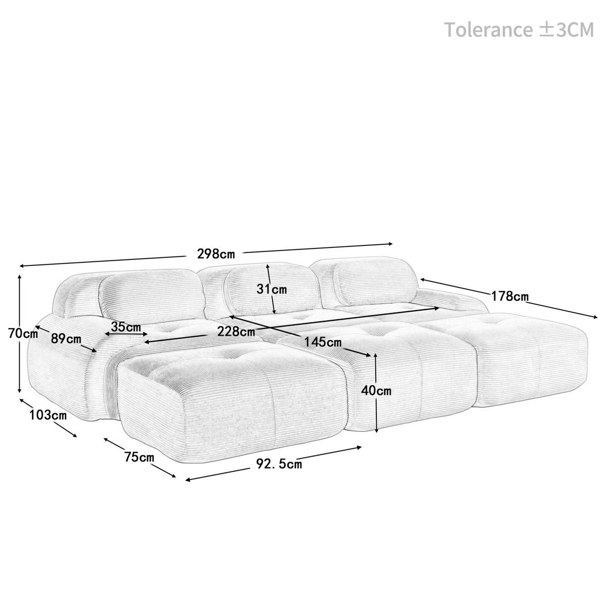 SOFA modular rahmenlos Cord Grey montagefrei - Grau, Textil (298/75/178cm) - IVMEU