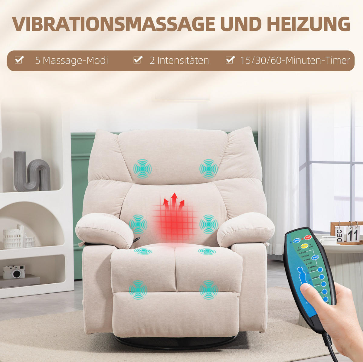 RELAXSESSEL in Beige 90x98x98 cm mit Massage- und Wärmefunktion, drehbar und schaukelbar - Beige, Textil (98/98/90cm) - IVMEU