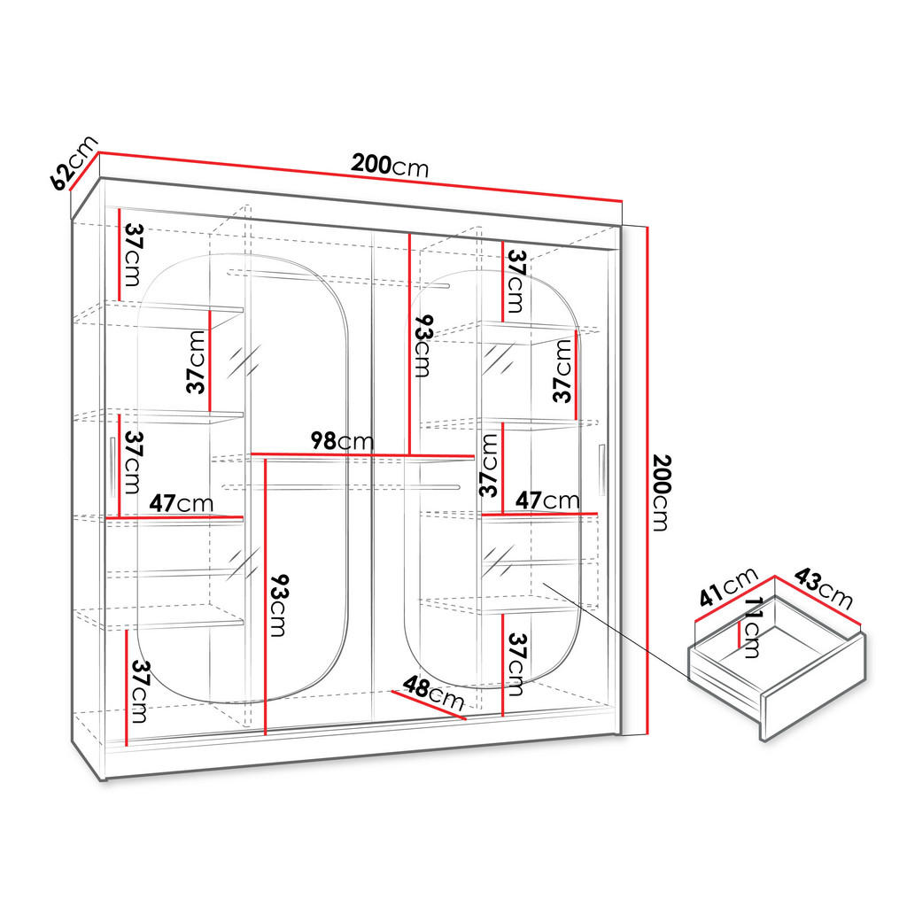 Thumbnail - Mirjan24 Schwebetürenschrank, Kaschmir, Kunststoff, 2 Schubladen, Rechteckig, 200x200x62 cm, Schlafzimmer, Kleiderschrän...