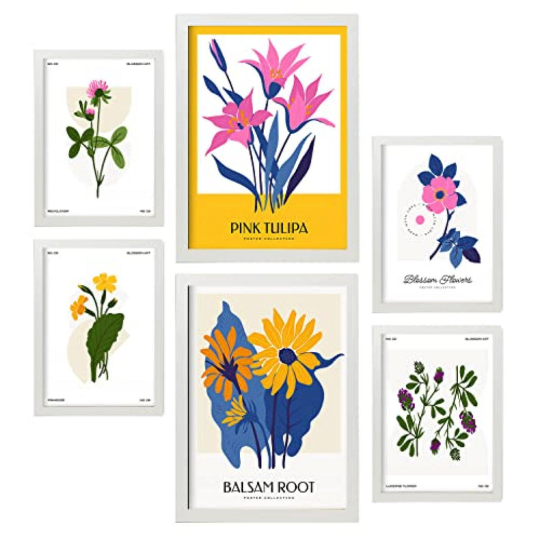 POSTER Set Mit 6 Blumen Wilde Blumensträuße Natur Und Botanikdrucke Für Innenarchitektur A3 & A4 Weißer Rahmen - Weiß, Papier (29/3cm) - Nacnic