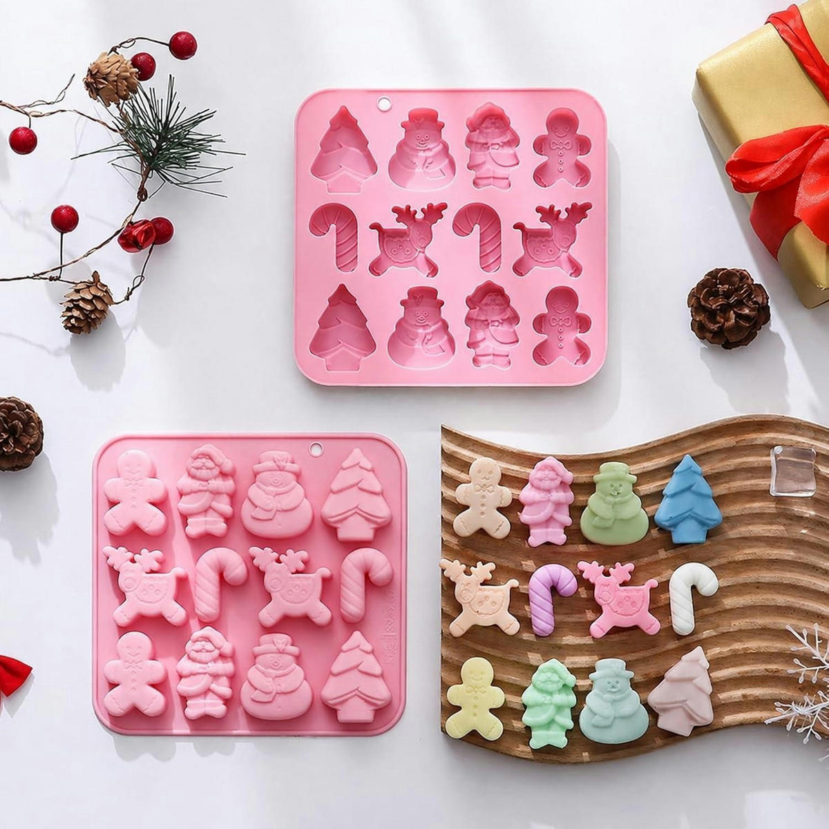 SILIKONFORM Weihnachten 12 Mulden Lebkuchenmann Schneemann Elch - Rosa, Kunststoff