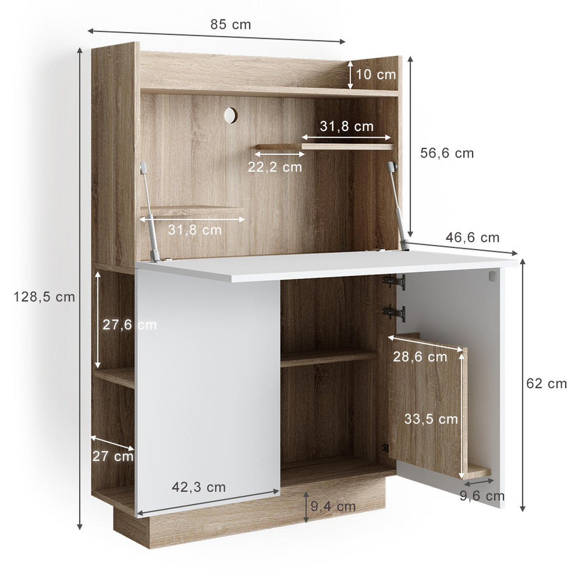 SEKRETÄR SCHREIBTISCH Alena Sonoma 85 x 27 cm - Weiß/Sonoma Eiche, Holzwerkstoff (27/85/118.9cm) - Vicco