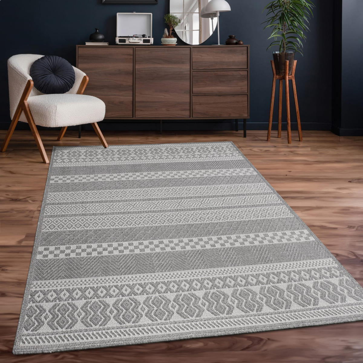 TEPPICH Kurzflor Streifen Boho Wohnzimmer schmutzabweisend Grau Läufer 80x150 - Grau, Textil (80/150cm) - KADIMA DESIGN