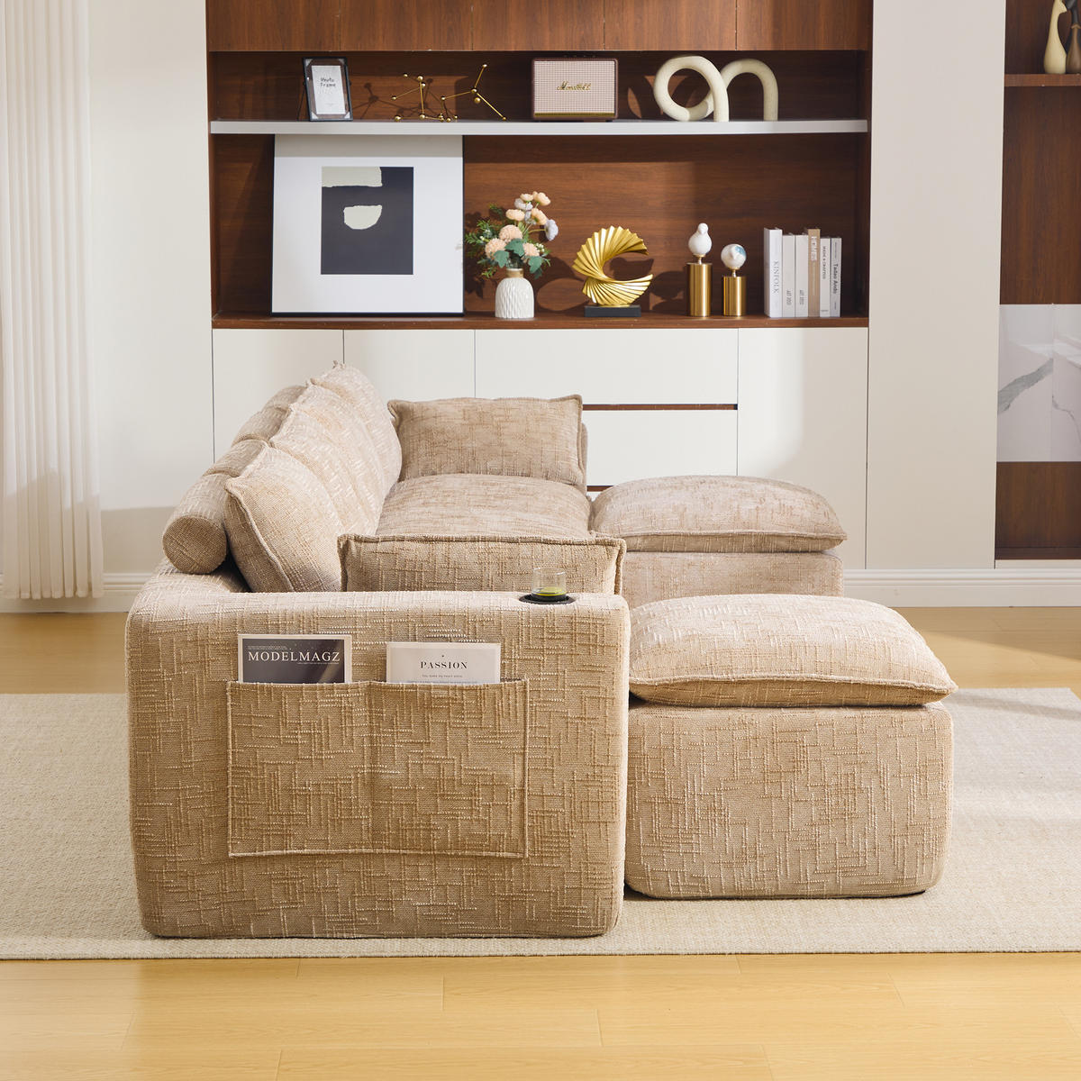 WOHNLANDSCHAFT mit 2 Fußhockern, Kissen und Getränkehalter aus Chenille in Khaki - Taupe, Textil (322/75/161cm) - EVRYAE