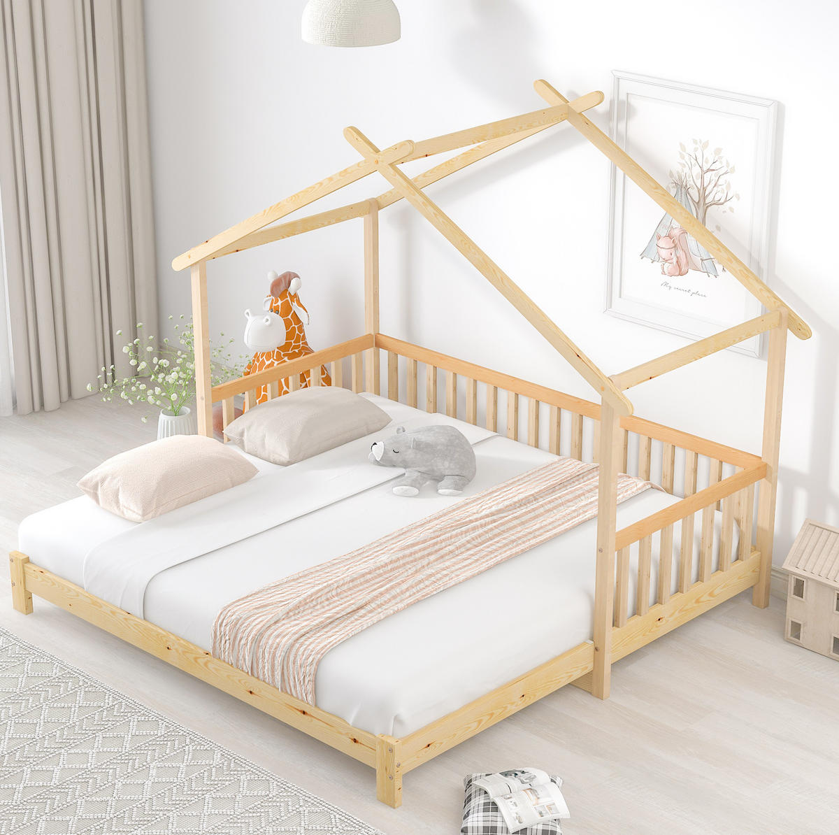HAUSBETT aus massivem Kiefernholz 90/180x200 cm Natur ausziehbar mit Hausdach und 3-seitigem Geländer - Naturfarben, Holzwerkstoff (90/200cm) - Modfu