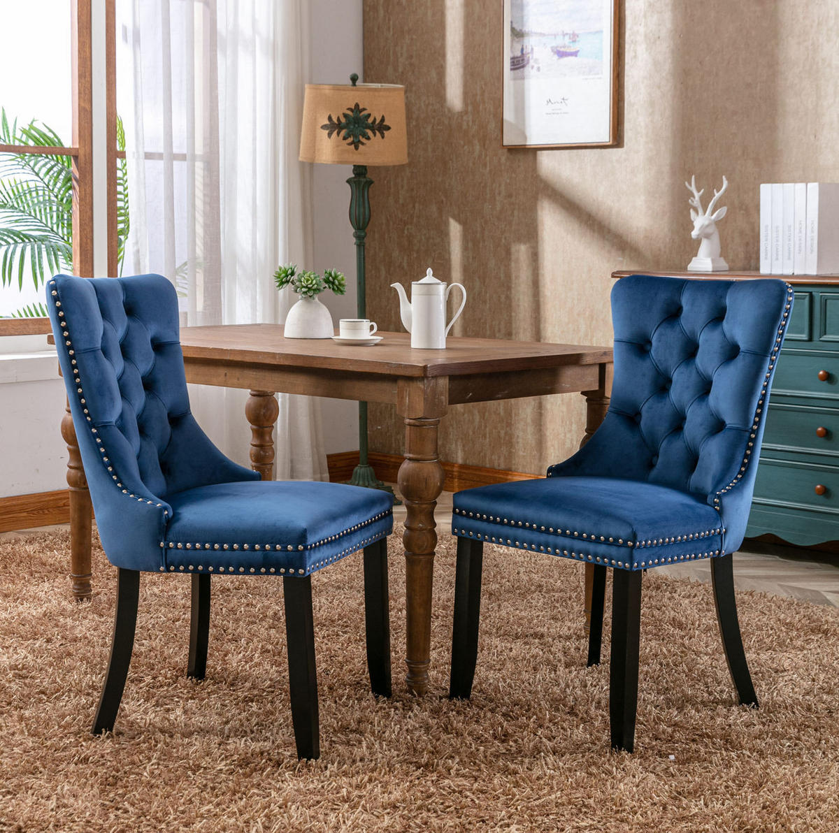 ESSZIMMERSTUHL Samt Blau mit hoher Rückenlehne Massivholz 2er-Set - Blau, Metall (50/95/65cm) - Meubliv