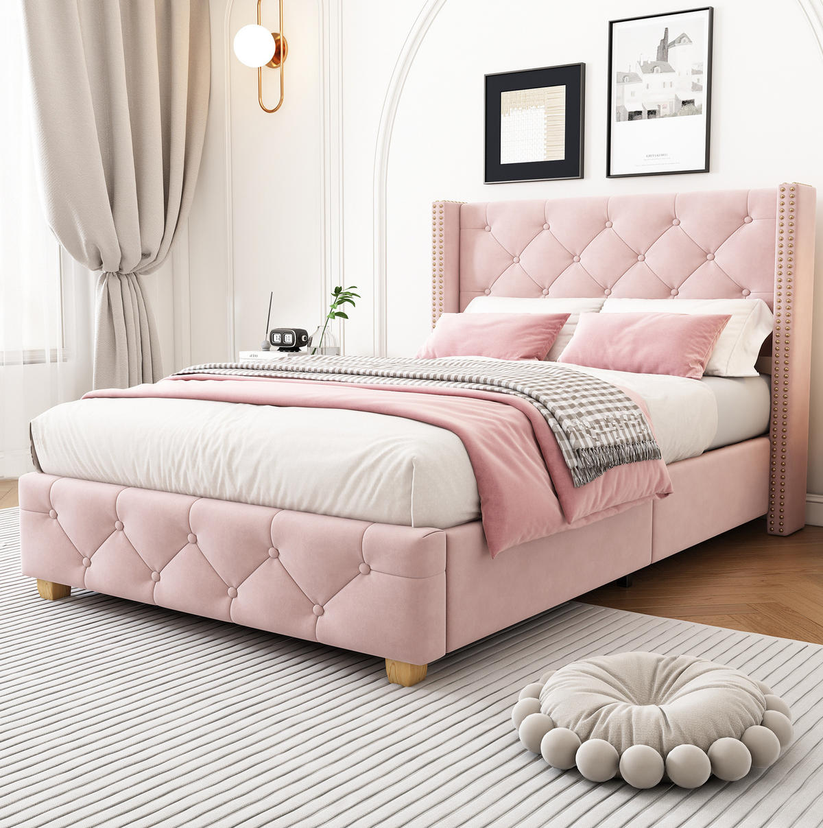 POLSTERBETT aus Samt 90x200 cm in Rosa mit Lattenrost - Rosa, Textil (90/200cm) - Modfu