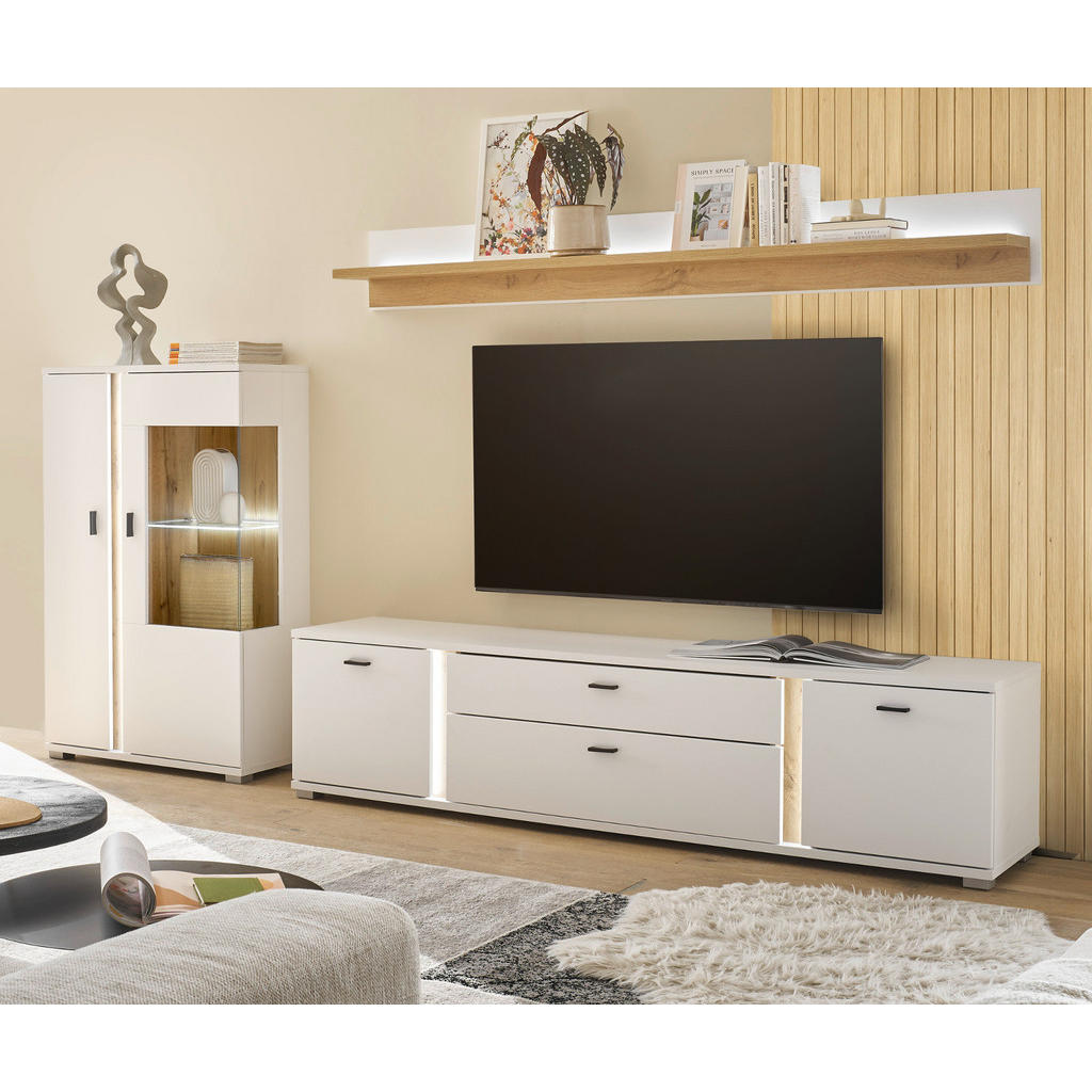 Thumbnail - Furn.Design Wohnwand, Weiß, Eiche Wotan, Metall, Nachbildung,Eiche, Uni, Holz Optik, 2 Fächer, 2 Schubladen, einzeln ste...