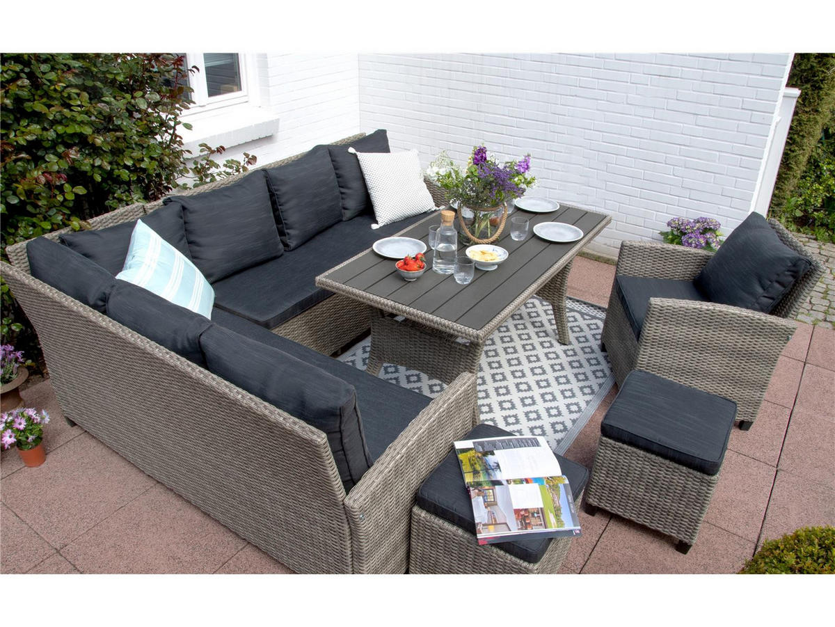 DININGLOUNGE-SET Alpina Grau Polyrattan für 9 Personen - Grau, Naturmaterialien - Green Spirit