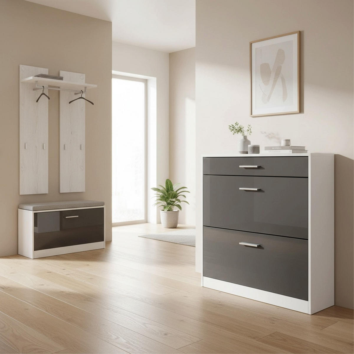 SCHUHSCHRANK Roma Schmal mit 2 Klappen und 1 Schublade, Platzsparender Schuhkipper, Weiß matt/Grau Hochglanz (89 x 95,5 x 23 cm) - Grau, Holzwerkstoff (89/95.5/23cm) - InnoFurn